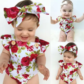 

Newborn Kids Baby Girl Clothes Sleeveless Flower Print Jumpsuit Headband 2Pcs Outfits Summer Clothes