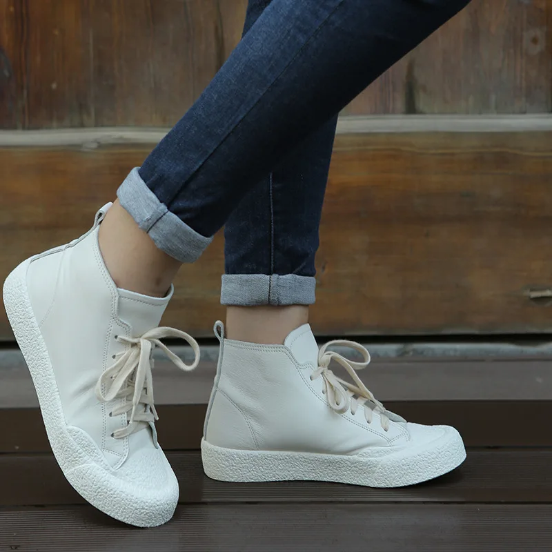 Careaymade-High top Genuine leather short boots Korean small white shoes lace up comfortable women's shoes cowhide single boots