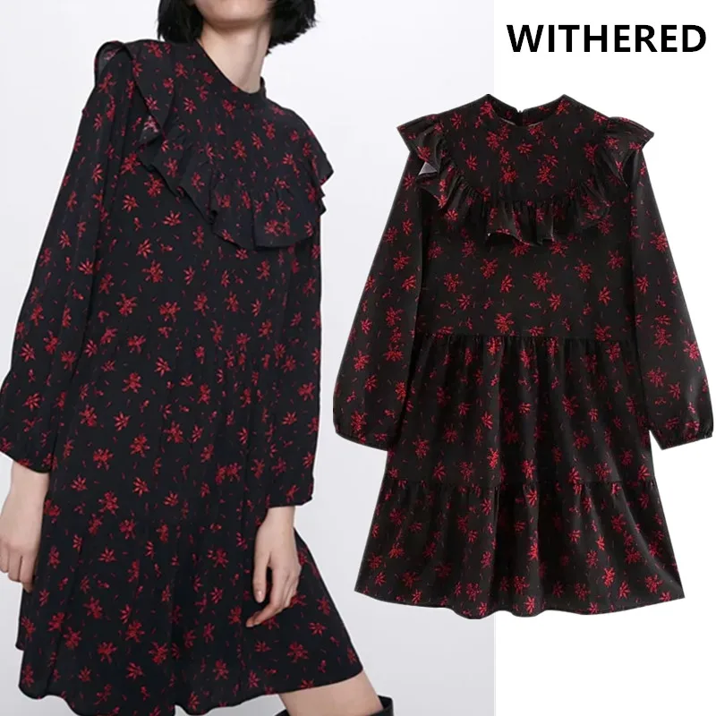 

Withered england vintage floral print loose cascading dress women vestidos de fiesta de noche vestidos mini party dress blazer