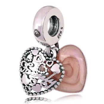 

New 925 Sterling Silver Bead Charm Pink Enamel Love Makes a Family With Crystal Pendant Beads Fit Pandora Bracelet DIY Jewelry