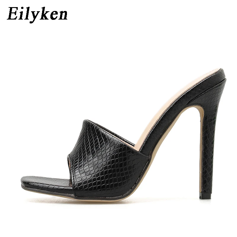 Eilyken г. Новые летние женские кожаные тапочки сандалии с квадратным носком, змеиная кожа модные туфли без задника на высоком каблуке размер 35-42 - Цвет: Black
