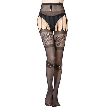 

Fashion Sexy Stockings Black See-through Lace Nylon Stockings Erotic Lingerie Without Cut Stockings with Babydoll Belt S1105