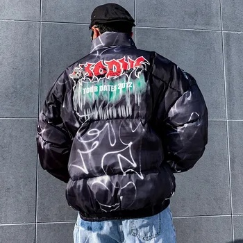 

2020 new Smoke Graffiti Printed Stand Collar Thicken Model Coat Men's Jacket Winter Cotton-Padded Warm Fashion Brand down Coat