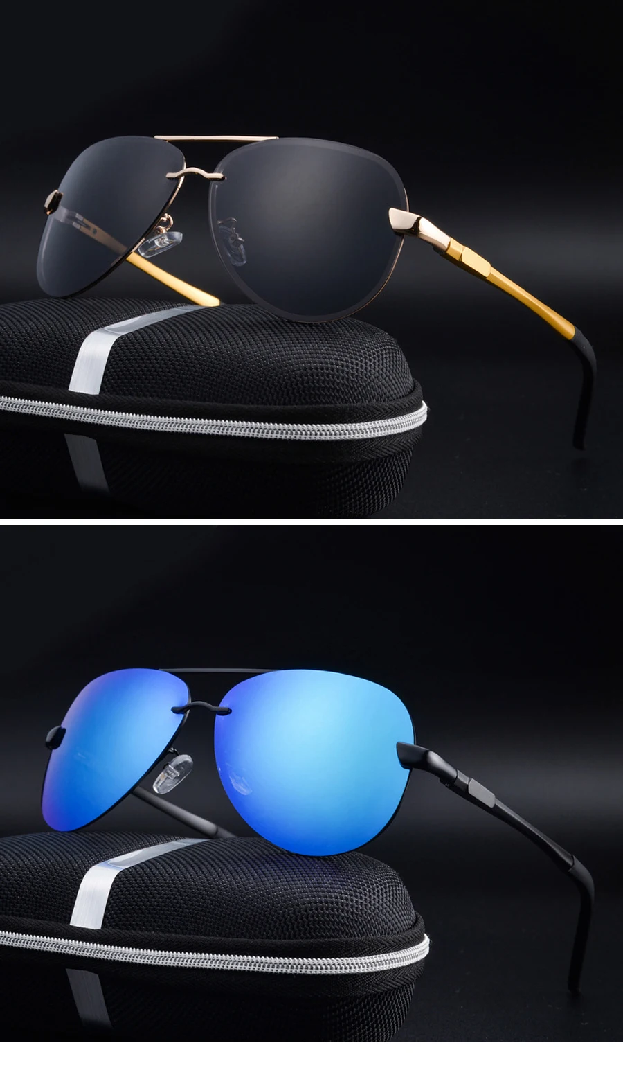 Поляризированне без оправы для вождения солнцезащитные очки Meatl Frame Blue Mirror UV400 Солнцезащитные очки для мужчин с коробкой
