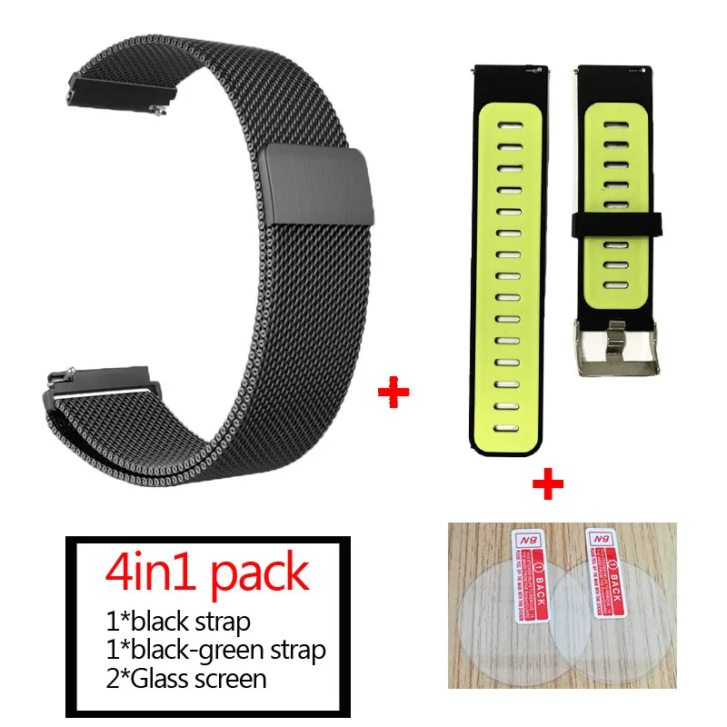 4в1 для Xiaomi Huami Amazfit Pace ремешок Смарт-часы из нержавеющей стали Металл+ силиконовый браслет ремень+ стекло Защита экрана - Цвет: black green-black