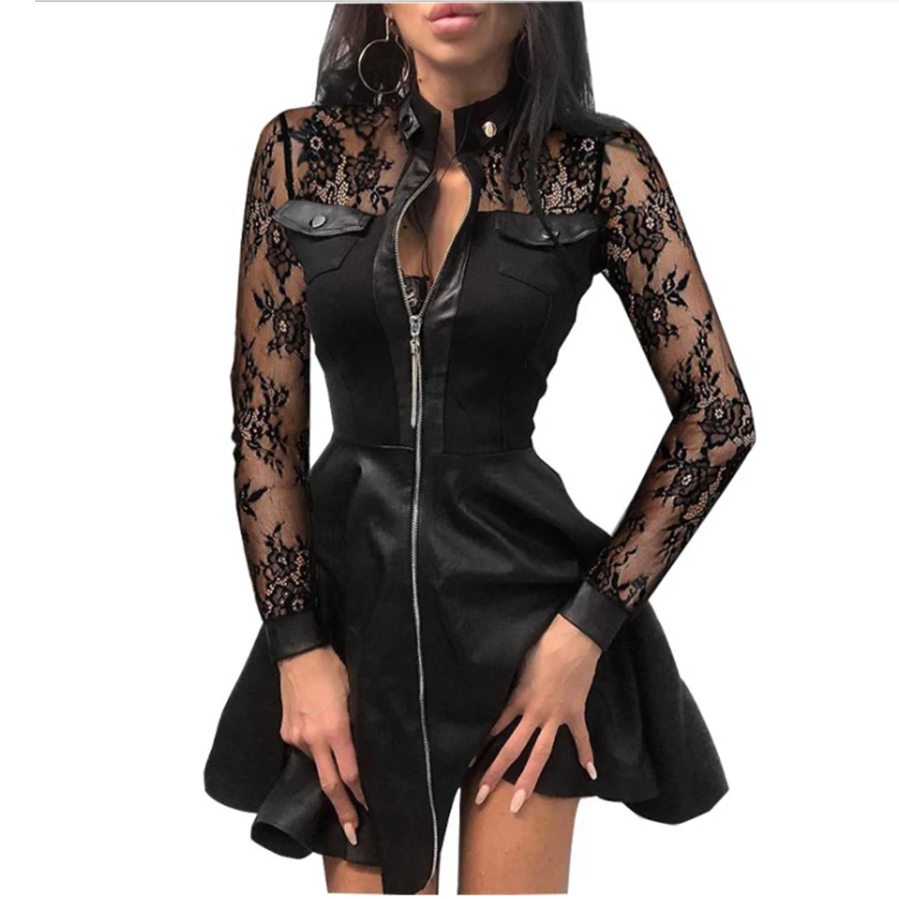 Las mujeres de talla grande 5XL de encaje de verano manga PU imitación de cuero Mini vestido con cuello en V cremallera vestido de fiesta Sexy Bodydon vestido