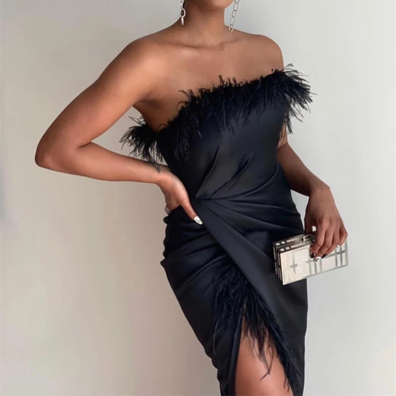 Justchicc Sexy Tassel Feathers Party Dress Backless Sleeveless Ruched Mini Dress Elegant Off Shoulder Club Dresses Winter - Color: 4DHK694-Black