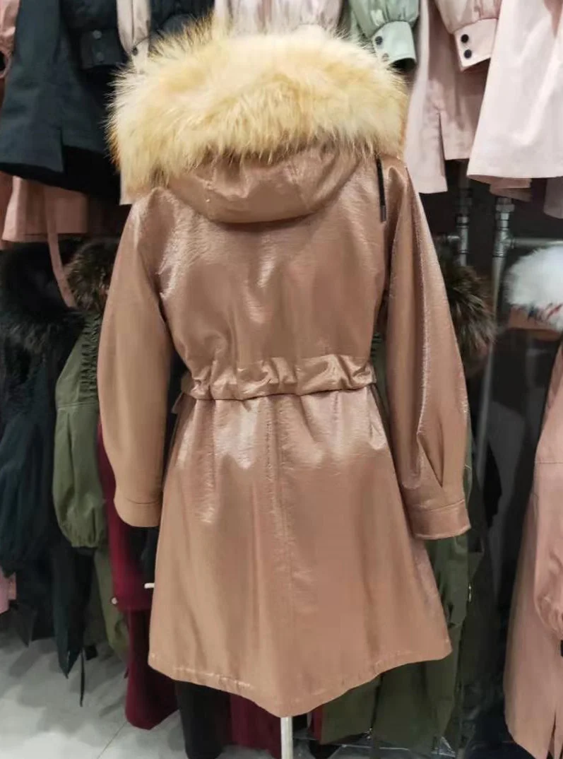 Fur Coat Highstreet Real Raccoon Fur Collar Hooded Drawstring Waist Rabbit Fur Lining Long Coat Women Winter Casual Plus Outwear