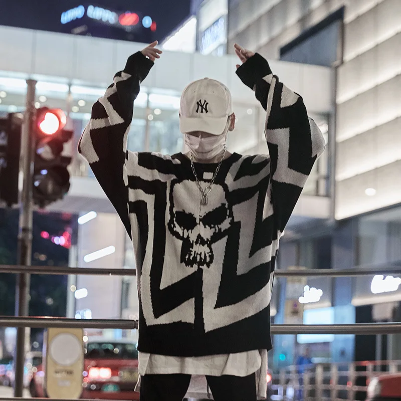 High street Skulls вязаный пуловер Свитера мужские с О-образным вырезом свободный крой трикотажная одежда мужские свитера пуловеры пуловер хип хоп Уличная