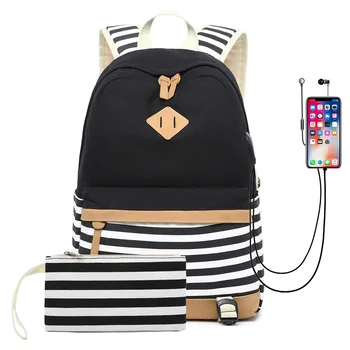 

Teenagers Canvas Backpack Bags USB Charge Laptop Backpacks for Girls Canvas Stripe Backpack College Bookbag Female Travel Dayp