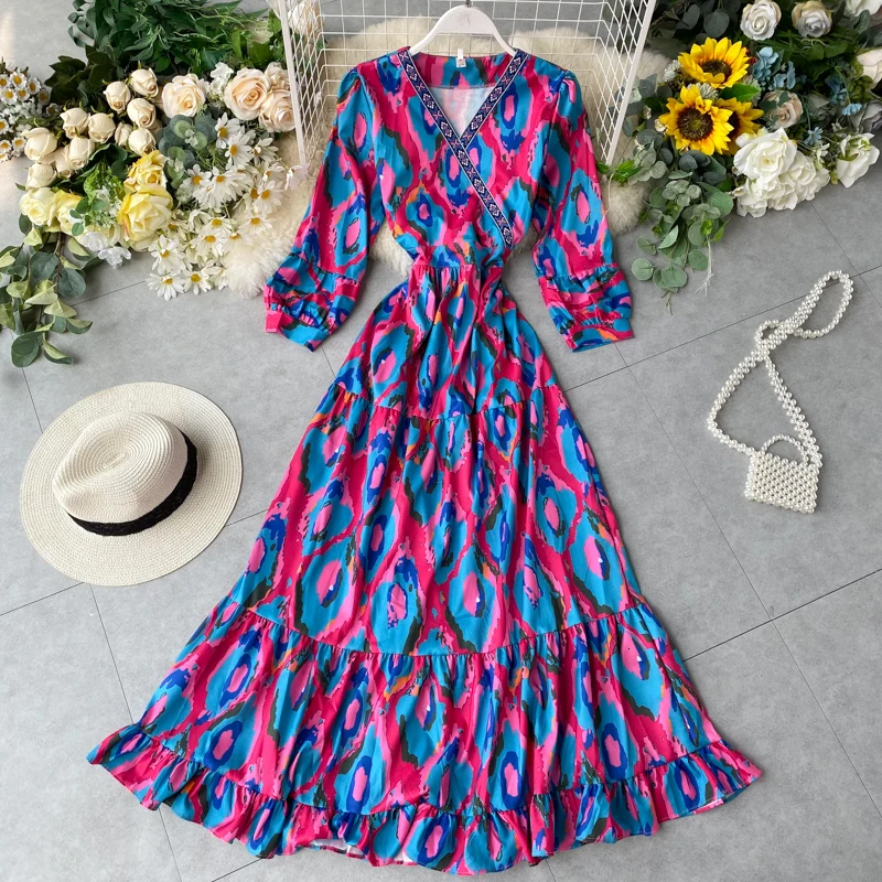 Foamlina, винтажное женское платье, летнее, сексуальное, цветочный принт, рукав 3/4, высокая талия, оборки, бохо стиль, Пляжное, праздничное, макси, длинное платье - Цвет: Blue Pink