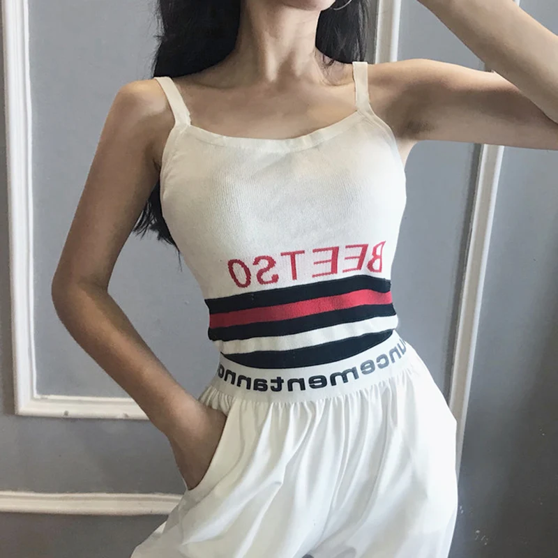 Летняя женская одежда ulzzang корейская мода полосатый без рукавов принт буквы короткий SLIMtop Женский вязаный безрукавка Топы