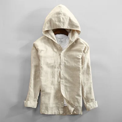 khaki Men Spring And Autumn Fashion Brand China Style Vintage Solid Color Cotton Linen Hooded Jacket Male Casual Thin Jacket Coat - Color: khaki