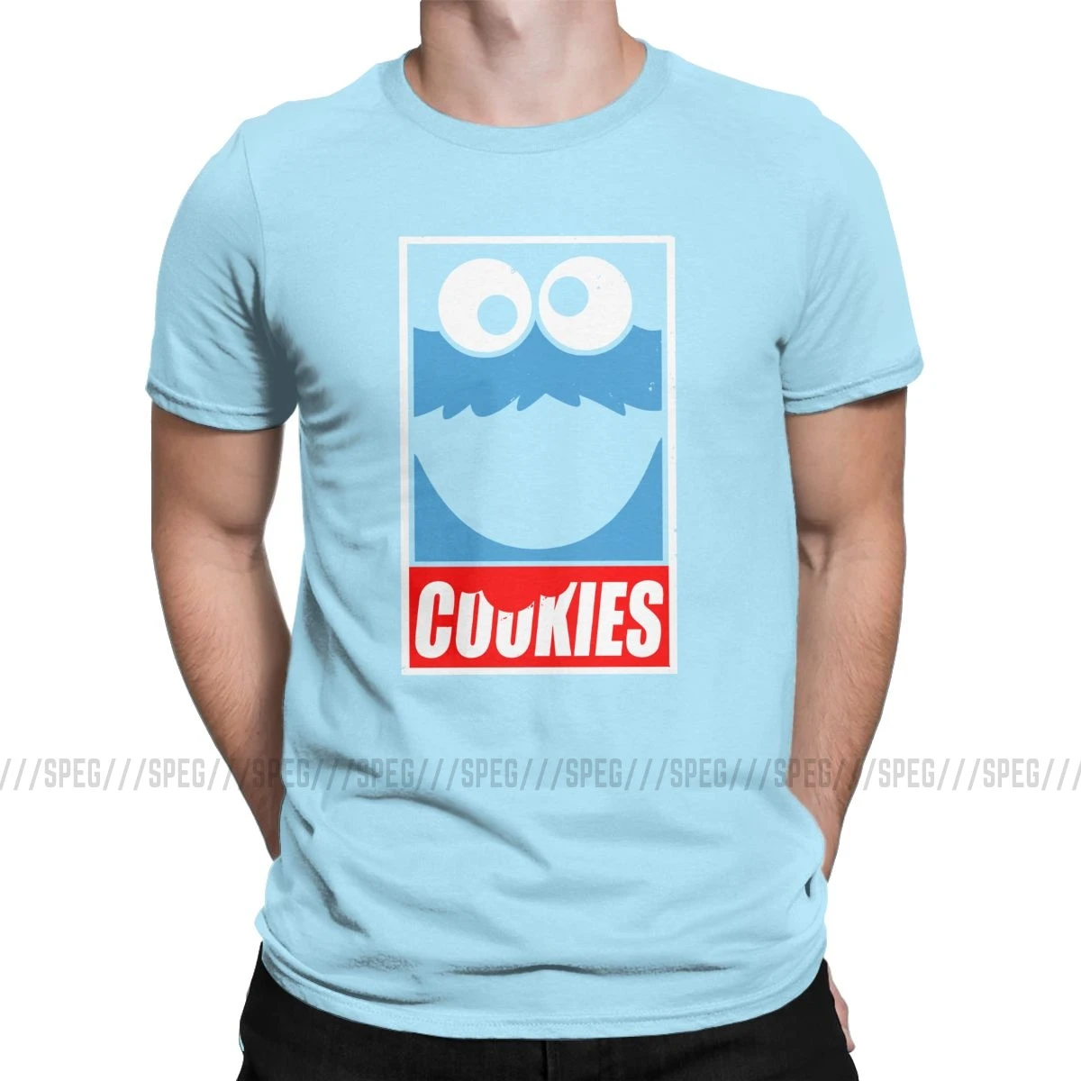 Cookie Monster T Shirt For Men Funny Tees Round Neck Short Sleeved Clothes Cotton Printed T-Shirt Plus Size Tops - Цвет: Небесно-голубой