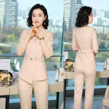 

IZICFLY new summer style beige outfits for women work wear office Trouser and blazer set Business OL pants suits plus size black