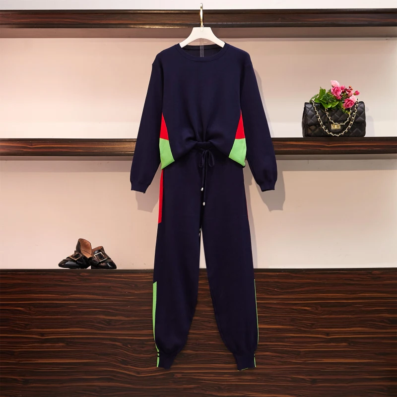 

Plus Size Knit Pant Sweatshirts Suit Knitted Tracksuit 2 Piece Set Autumn Women's Hit Color Pullover Tops + Pants Two Piece Set