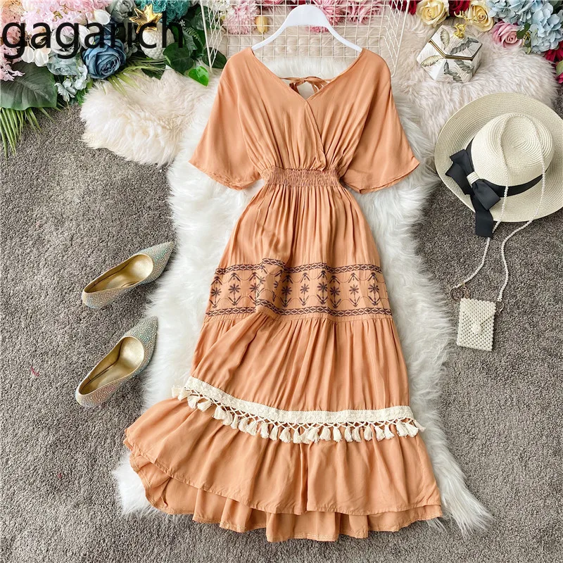 

Gagarich Women Sexy Dress Lady Summer V Neck Short Sleeve Elastic Slim Waist Backless Dresses Femme Beach Style Vintage Vestidos