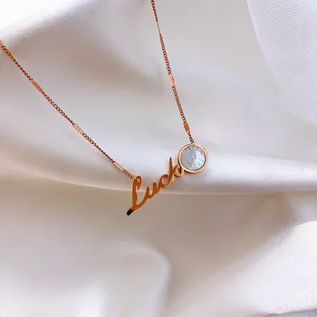 

European and American Fashion Shell Stone English Alphabet Pendant Necklace Woman Simple Titanium Steel Clavicle Chain Jewelry