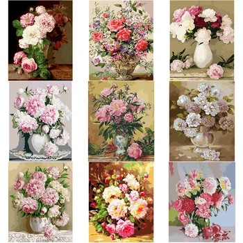 

DIY Pictures By Numbers Peony Flower Drawing Canvas HandPainted Oil Painting By Number Rose Flower Home Decor