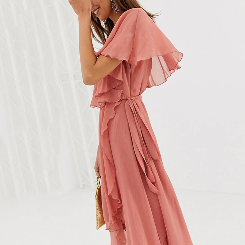 HDY Haoduoyi/ г. Новая Летняя Повседневная однотонная розовая одежда милое кружевное модное женское платье до колена с v-образным вырезом