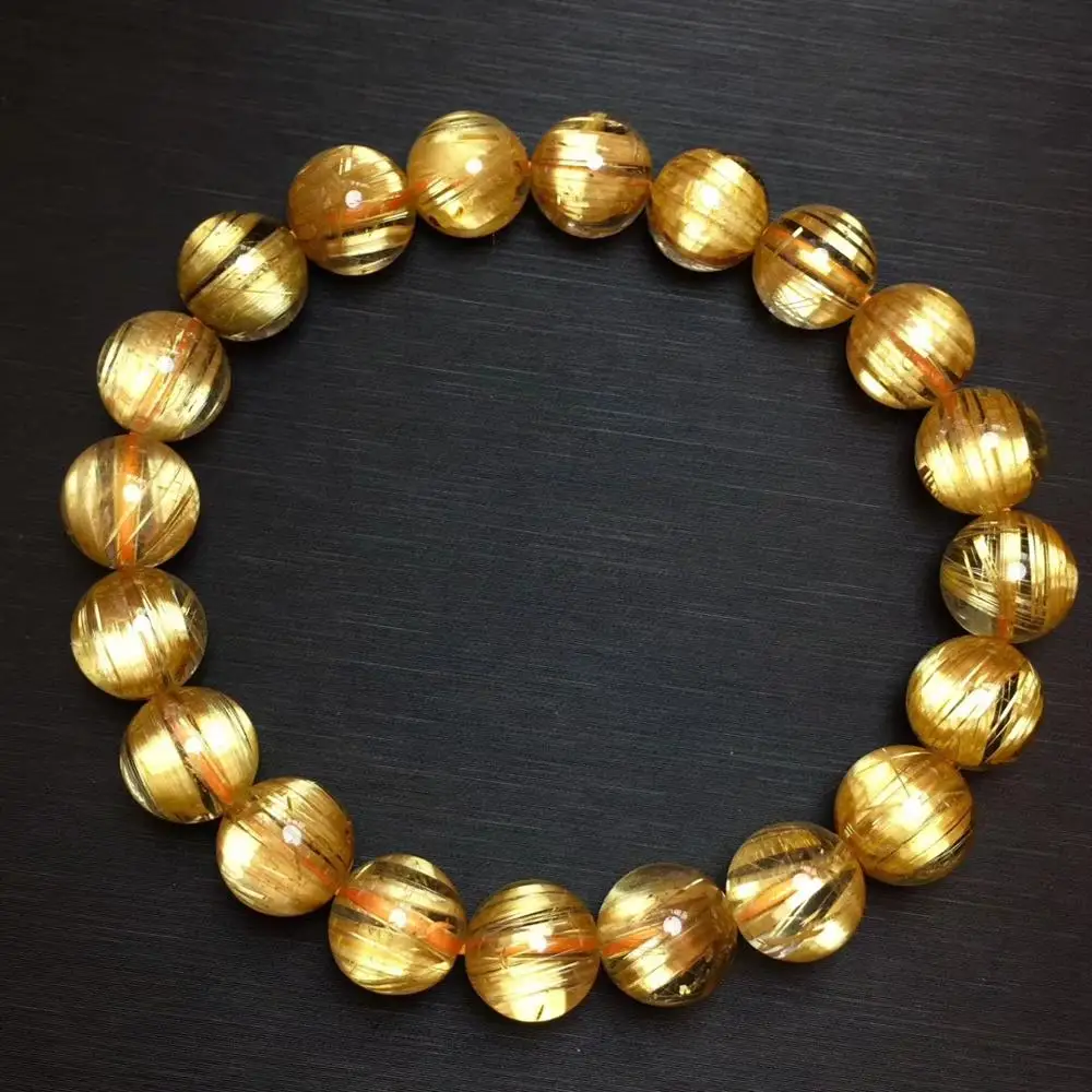 

9.3mm Natural Gold Rutilated Titanium Quartz Bracelet Woman Man Cat Eye Effect Crystal Round Beads Jewelry AAAAA Drop Shipping