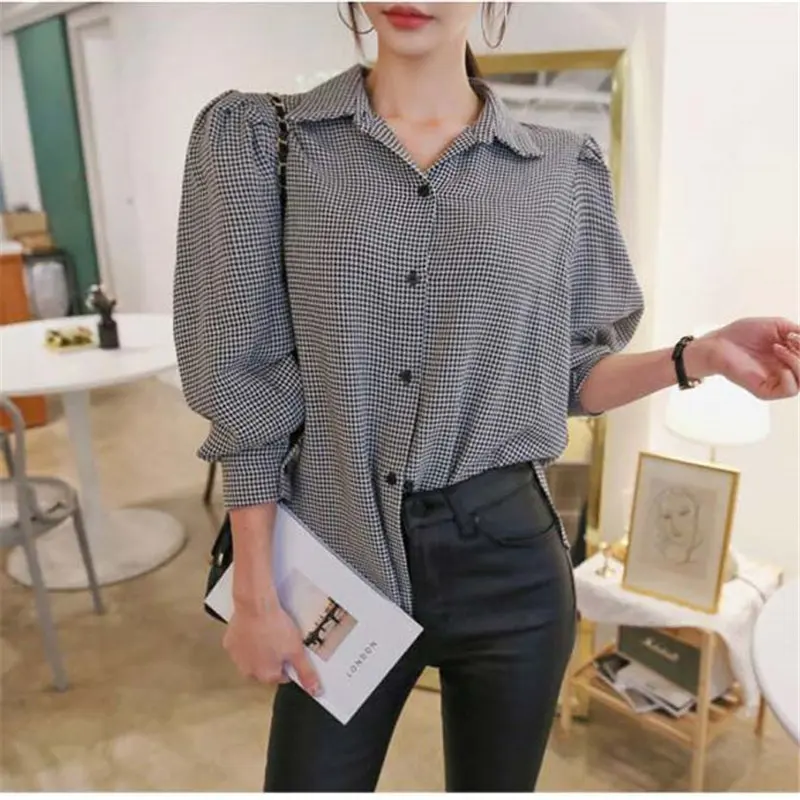 Alien Kitty 2020 Grey Plaid Sweet Stylish All-Match Loose Office Lady Casual Plus Size Vintage Chic Basic Blouses Retro Shirt |