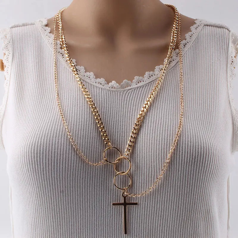 KMVEXO, многослойное ожерелье с круглым кулоном в стиле панк с металлическим крестом для женщин и мужчин, ювелирные изделия для влюбленных, Геометрическая цепочка с замком для ключицы, ожерелье - Окраска металла: Style 2 Gold