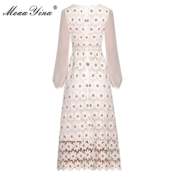 

MoaaYina Fashion Runway dress Spring Summer Women's Dress Long sleeve Hollow Out Gold Line Floral Embroidery Dresses