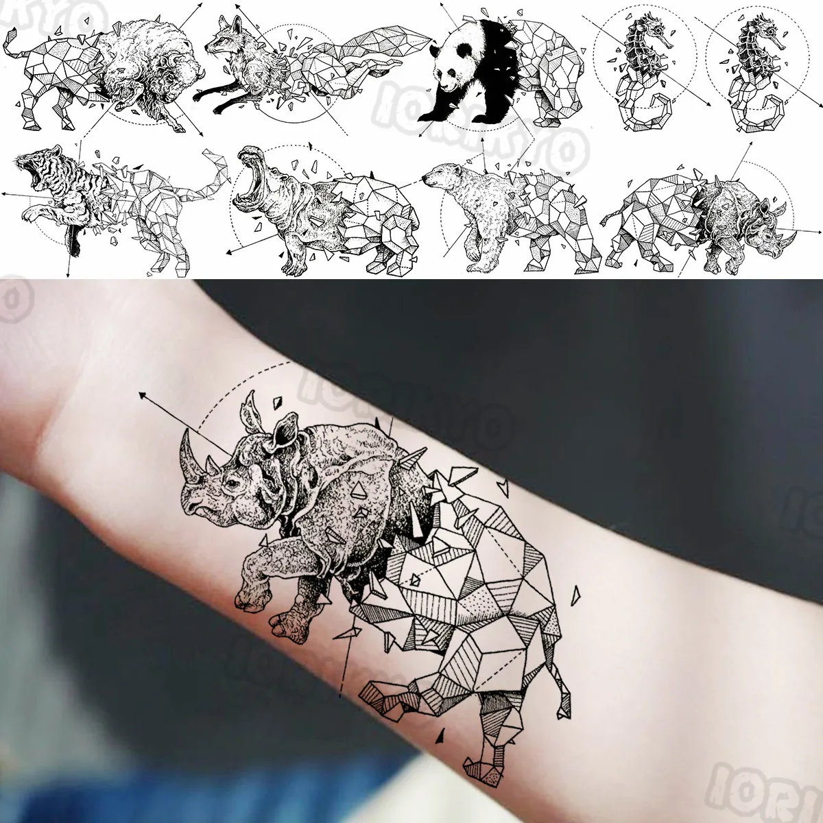 

Creative Rhino Geometric Temporary Tatoos For Women Girls Realistic Panda Polar Bear Fox Fake Tattoo Sticker Forearm Legs Tatoos