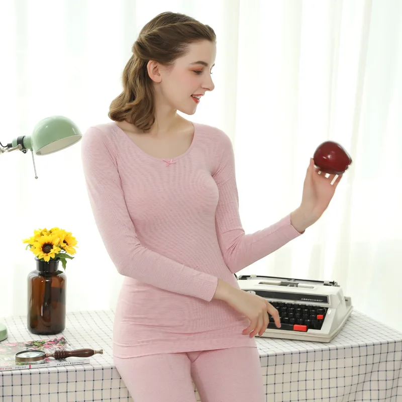 Autumn and winter striped thermal underwear round neck autumn clothes long trousers women's thin section bottoming body suit