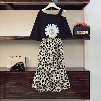 

2020 New Summer Fashion Women's Sets All-match Flowers Short Sleeve T-shirt + Chiffon Fishtail Skirts Elegant Female Suits
