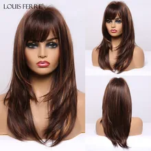 LOUIS FERRE moyen brun foncé doré mettre en évidence perruques longue droite couches synthétiques perruques avec frange pour les femmes noires Cosplay