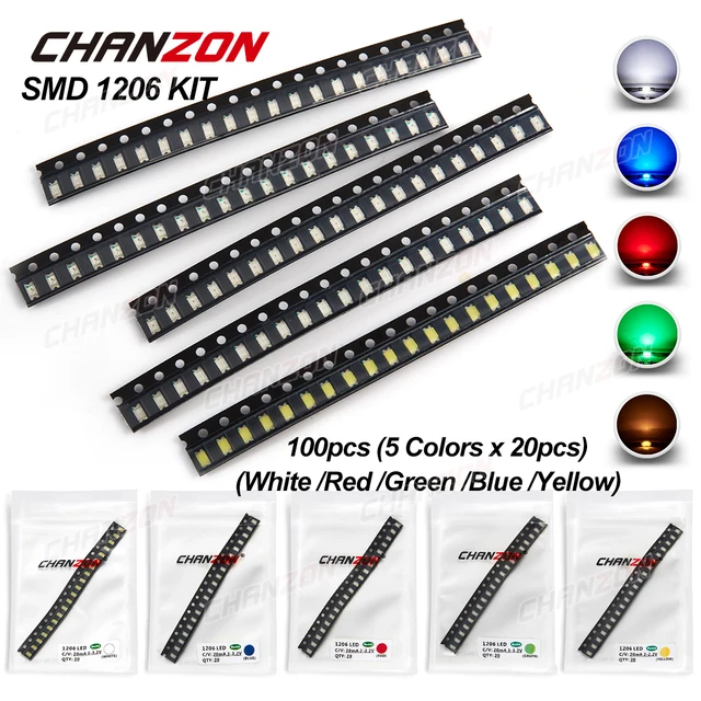 100 pcs 1206 SMD LED Emitting Diode Kit Lamp Chip Light Beads Warm White Red Green Blue Yellow Orange UV Pink Micro 3V SMT DIY 5 Colors x 20pcs Mix