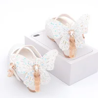 New Kids Leather Shoes Fashion Fringed Butterfly Knot Girls Princess Shoes Casual Glitter Children High Heel Student Dance Shoes 2