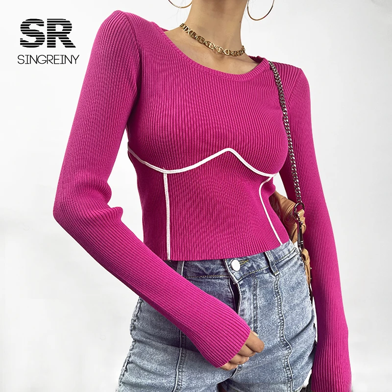 SINGREINY 2021 Women Knitted Sweater Long Sleeves O Neck Solid Elastic Slim Knit Basic Tops Autumn Casual Female Pullovers christmas sweatshirt