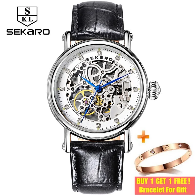SEKARO Брендовые женские механические часы с бриллиантами, женские наручные часы с ручным заводом, модные кожаные часы с каркасным циферблатом, подарок для женщин - Цвет: Black Belt