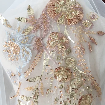 

2 pieces Chic 3D Gold blue beaded embroidery lace aplique motif patch for Lyrical Dance Dress Prom Ball gown