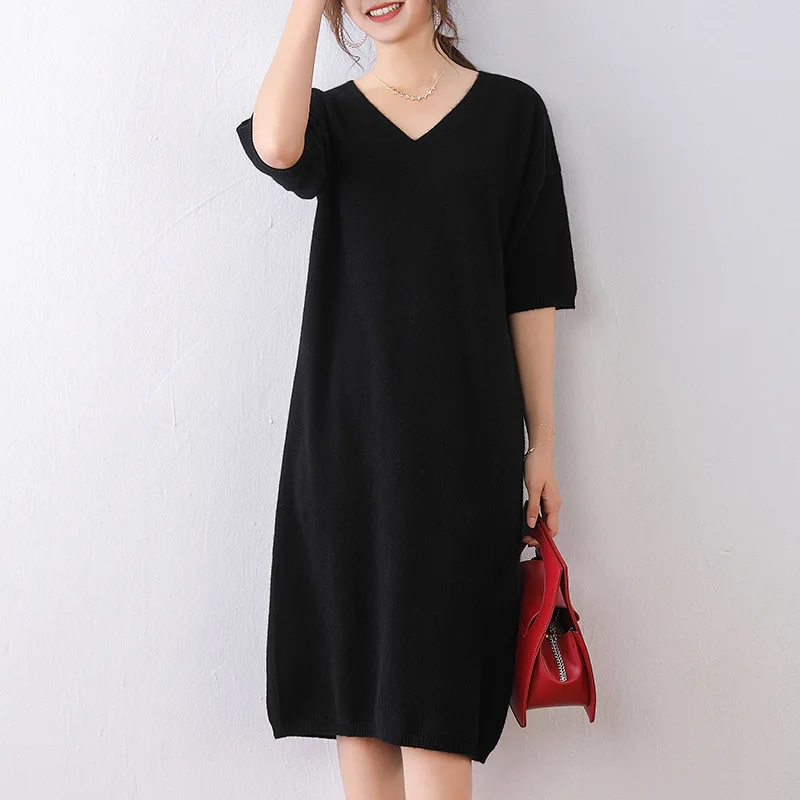 

Spring And Autumn New Style Korean-style V-neck Solid Color Pullover Sweater Dress Loose-Fit Mid-length Jersey Dress Women's 100