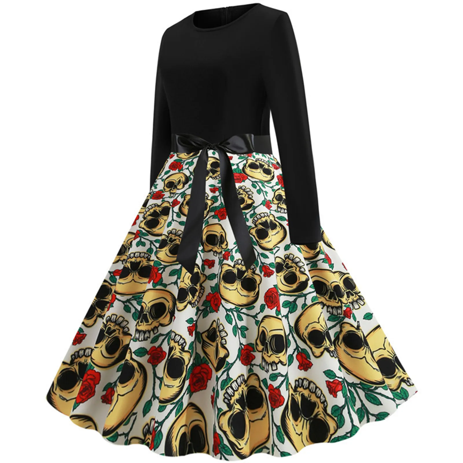 fashion Women's dress Vintage O Neck Long Sleeve Midi Halloween dress Printed Evening Party Prom Costume Dresses Mujer Vestidos 2