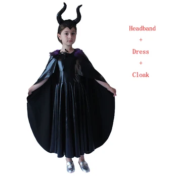 

New Maleficent Black Gown Tutu Dress with Deluxe Horns and Cloak Girls Villain Fancy Dress Kids Halloween Cosplay Witch Costume