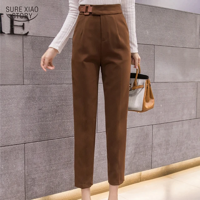 Autumn Casual Solid Sashes Career Carrot Pants Korean Loose High Waist Harem Pants Spring Wild Nine-point Suit Pants Women 16428