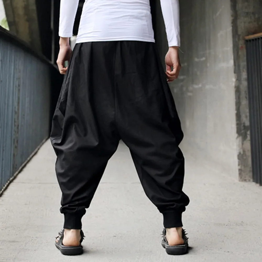 Men Harem Linen Pants Hakama Casual Wide Leg Japanese Trousers Cross-pants Crotch