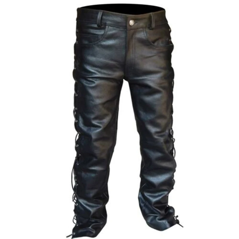 Men Trousers Leather Pants Lace Up Leather Pants Motorcycle Punk Costume For Men Winter Big Tall