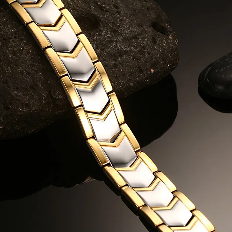 

Men Fashion Pure Titanium Hand between Gold Double Row Inlaid Magnet Bracelets New Style Tbrm-030