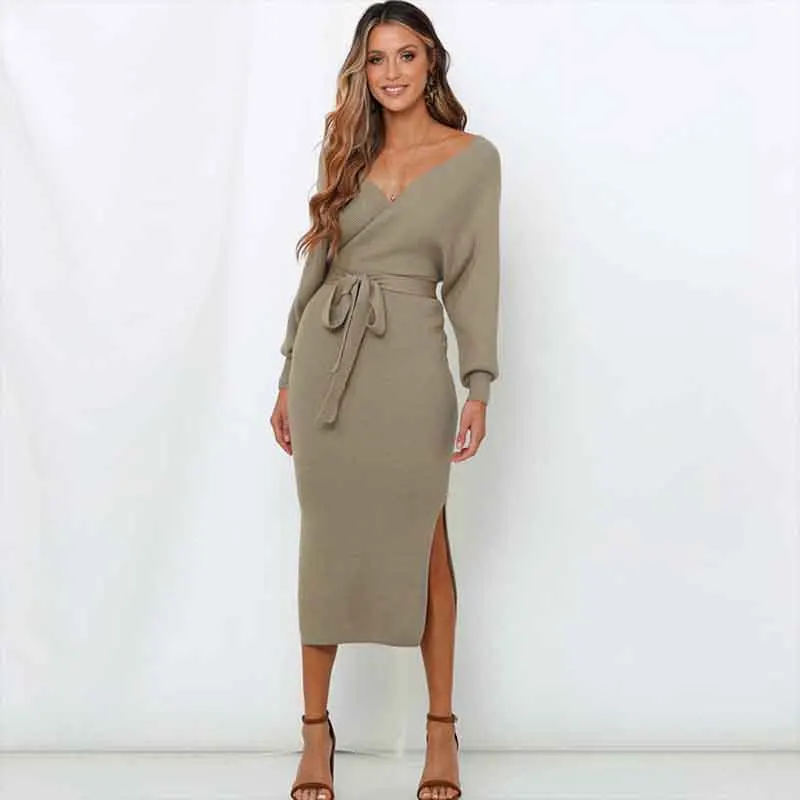 Autumn Winter Deep v Neck Knitted Sweater Dress Women Solid Sashes Slim Fit Long Sleeve Split Night Party Dresses Knitting Jumper (4)