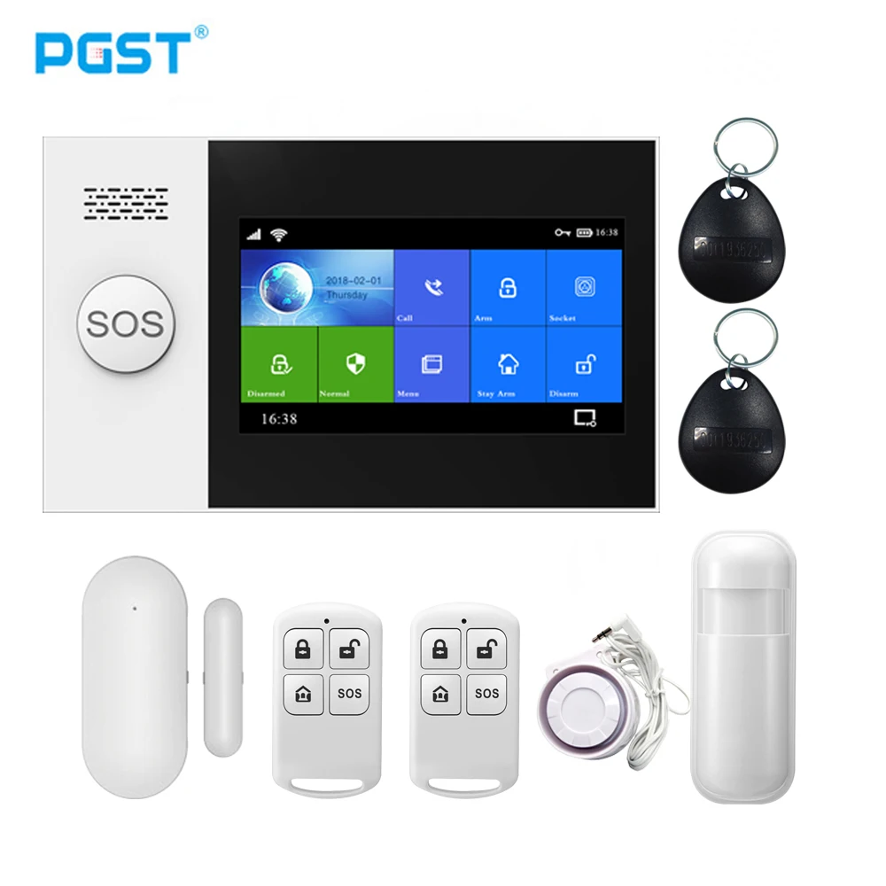 PGST PG107 Tuya Alarm System 4.3 inch Screen WIFI GSM GPRS Burglar Home Security With PIR Motion Sensor Fire Smoke Detector