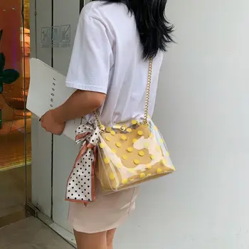 

Women Transparent Bucket Handbag Scarf Bowknot Shoulder Bag Summer Beach Purse Crossbody Tote X7XC