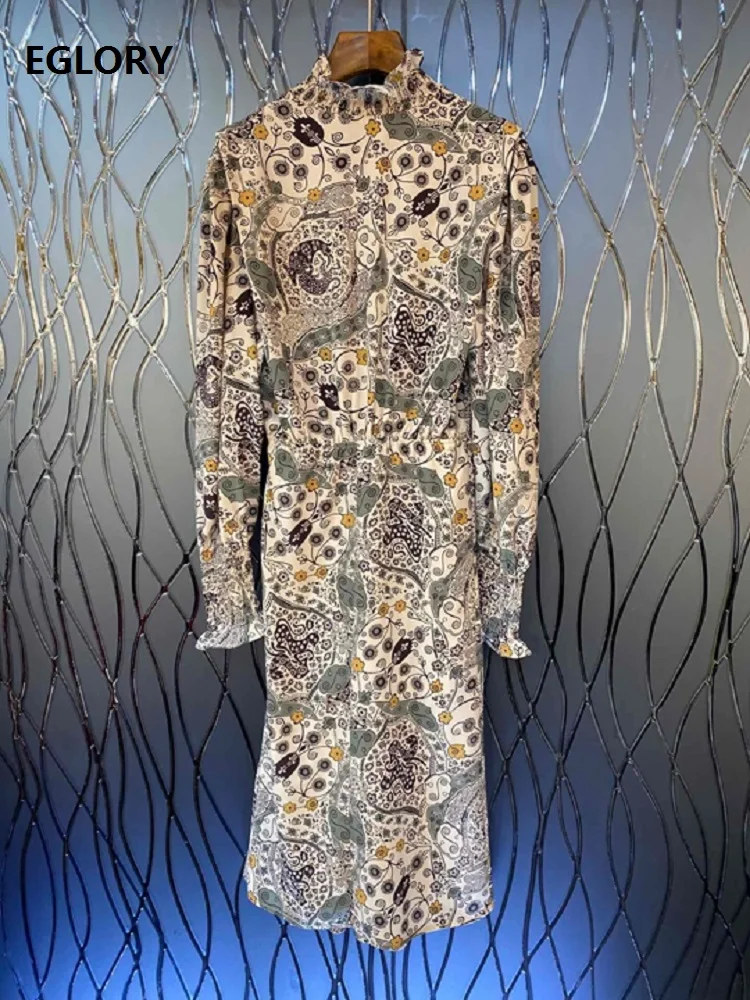 Vintage Retro Dress Spring Summer Style Women Ruffled Collar Ethnic Prints Long Sleeve Mid-Calf Length Party Casual Dress