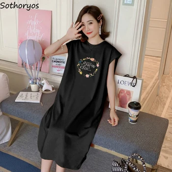 

Sleepshirts Women Printed Sleeveless Simple Casual Loose Plus Size 4XL Round Neck Homewear Female Nightgowns Mid-calf Trendy New