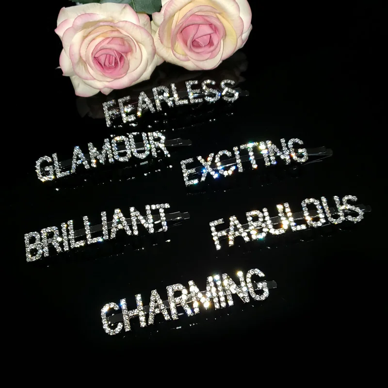 

Handmade Crystal Word Hairclips ",FEARLESS,EXCITING,GLAMOUR,FABULOUS,BRILLIANT,CHARMING" Letters Hair Pins Accessories WHOLESALE